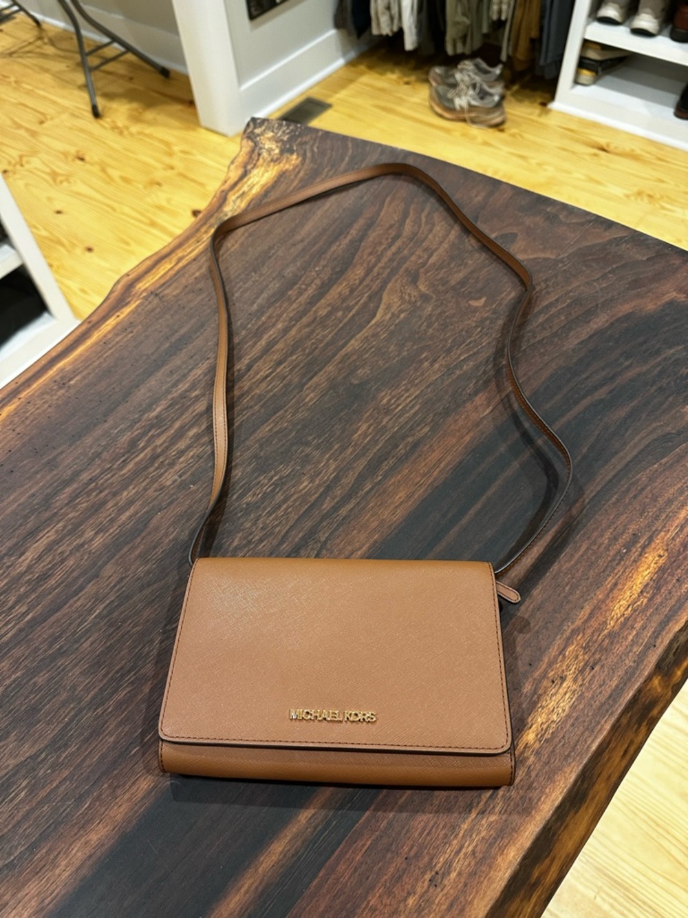 MICHAEL KORS Brown Saffiano Crossbody Clutch with Gold Logo